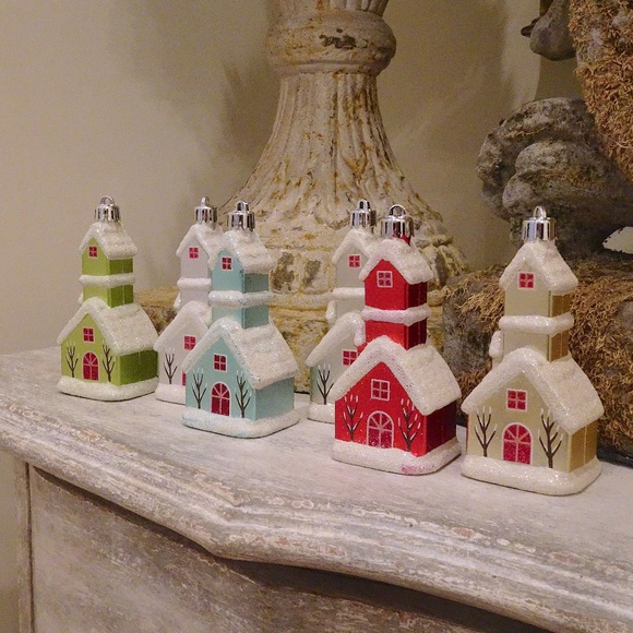 Sparkly Snow Christmas Cottage Glass Ornaments Winter Wonderland - Set of 6 - Picture 2 of 6